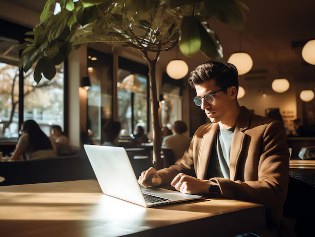 a man sits in a restaurant and writes an analysis at the computer